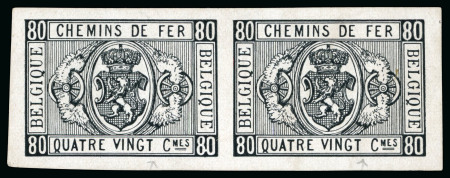 Stamp of Belgium » Chemin de fer 1879 Armes, épreuve du 80 centimes avec erreur "Quatre vingt", en paire horizontale sur papier couché
