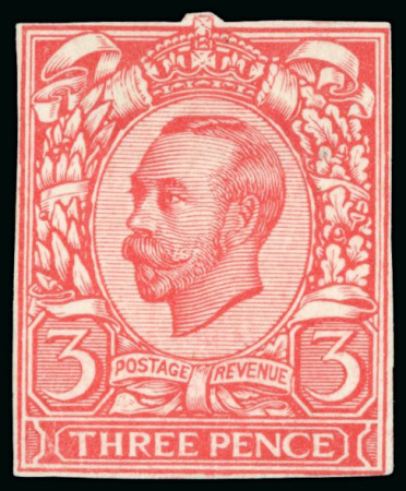 Stamp of Great Britain » King George V » 1911-12 Downey Head Issues 1911 3d Engravers sketch die for the unissued value, cut down die proof used as a colour trial printed in rose-red on thick white paper