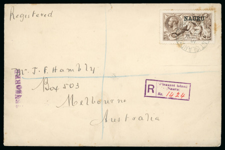 Stamp of Nauru 1916 (Dec 23) Envelope sent registered to Australia with 1916-23 De La Rue 2s6d sepia-brown Seahorse
