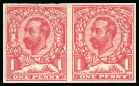 Stamp of Great Britain » King George V » 1911-12 Downey Head Issues 1911-12 Downey Heads 1d plate proof (die 1b) printed in carmine on R.D. Turner plate glazed paper with Crown watermark in pair with original gum