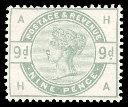 Stamp of Great Britain » 1855-1900 Surface Printed » 1883-84 Lilac & Green Issue 1883-84 Lilac & Green issue 9d dull green mint n.h. with wmk sideways inverted variety