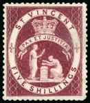 Stamp of St. Vincent 1882 Colour Trials 5s carmine-lake, large part original gum