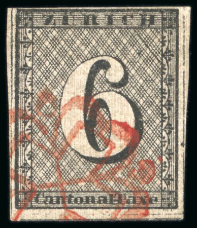 Stamp of Switzerland / Schweiz » Kantonalmarken » Zürich Zürich 6 Rp. schwarz, mit gut sichtbaren senkrechten Unterdrucklinien, Type I, 6. Marke des Bogens
