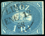 Stamp of Peru 1857, 1r blue, touched on two sides, clear to large margins in other respects, cancelled by "LIMA/ENE 12/58" cds