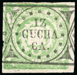 Stamp of Peru 1868-72, 1d green, well margined exhibiting "IZ/CUCHA/CA"hs