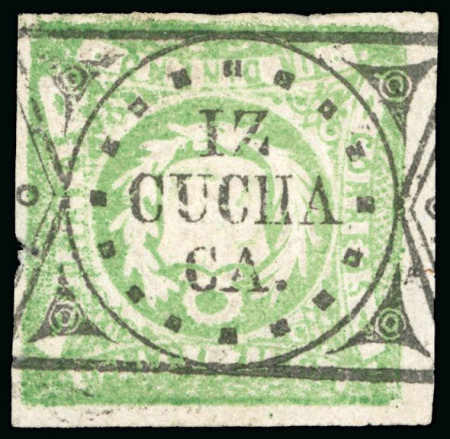 Stamp of Peru 1868-72, 1d green, well margined exhibiting "IZ/CUCHA/CA"hs