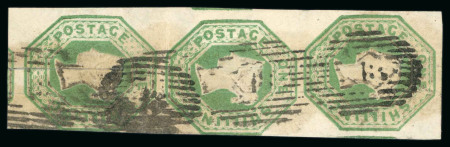 Stamp of Great Britain » 1847-54 Embossed 1847-54 1s green die 2 in vertical strip of 3, used