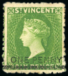 Stamp of St. Vincent 1881 St. Vincent 1d on 6d bright green, mint hinged