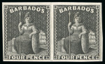 Stamp of Barbados Barbados 1875 1/2d, 3d and 4d Britannia issue Perkins & Bacon plate proofs in black in horizontal pairs