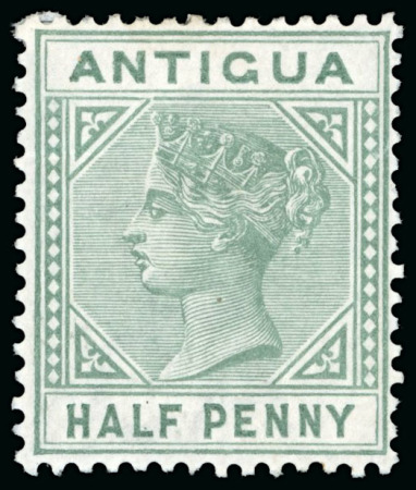 Stamp of Antigua & Barbuda 1882 1/2d dull green top left triangle detached variety