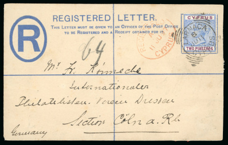 Stamp of Cyprus » Queen Victoria Keyplate Issues 1897 (Jun 11) 2pi Registered envelope uprated with 1894-96 2pi from Larnaca