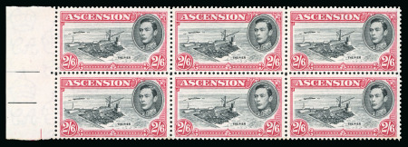 Stamp of Ascension » King George VI 1938-53 2s6d Black & Deep Carmine perf.13 showing variety "Davit flaw" in mint n.h. left marginal block of six
