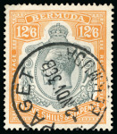 Stamp of Bermuda 1924-32 12s6d Grey & Orange, 8th printing, showing variety "break through scroll", used, plus normal used