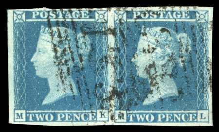 Stamp of Great Britain » 1841 2d Blue 1841 2d Blue pl.3 MK-ML pair with fine to very large margins, cancelled by Scottish 1844-type numerals