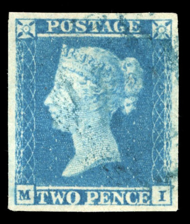 Stamp of Great Britain » 1841 2d Blue 1841 2d Blue pl.4 MI with fine to very good even margins, cancelled by indistinct blue 1844-type numeral