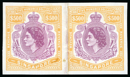 Stamp of Singapore Revenues: 1954 QEII key-type "REVENUE / REVENUE" $25, $100 and $500 in imperforate horizontal pairs