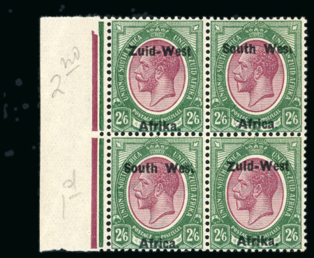 Stamp of South West Africa 1923 2s6d with variety "Wes" for "West" on two examples in mint n.h. left marginal block of four