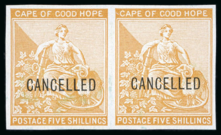 Stamp of South Africa » Transvaal 1871-76 1d, 1s and 5s imperf. plate proofs with "CANCELLED" overprints in pairs