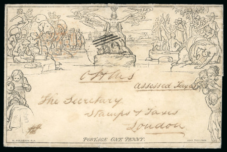 Stamp of Great Britain » 1840 Mulreadys & Caricatures 1844 (May 20) 1d Mulready wrapper, stereo A2, sent from Gateshead to London with ms "OHMS" at top, cancelled by 1844-type "309" numeral