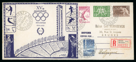 Stamp of Olympics » 1952 Helsinki 1952 Helsinki group incl. attractive printed souvenir cover with set and Olympic cancels and original lettersheet signed by the illustrator