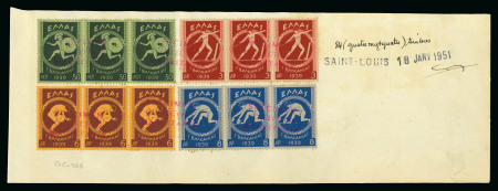 Stamp of Olympics » Non-Olympic and Anti-Olympic Championships Greece 1939 Balkan Games set of four in strips of three attached to archive piece by "SPÉCIMEN / COLLECTION / MAURITANIE" three line hs