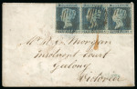 Stamp of Great Britain » 1854-1900 Postal History of the Perforated Line Engraved and Surface Printed Issues 1856 (Aug) Envelope from London to Victoria, Australia, franked with 2d blue perf. strip of three