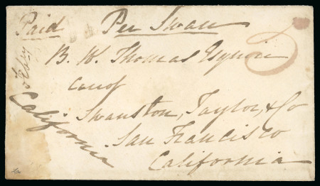 Stamp of Australia » Tasmania 1850 (Feb 18) Envelope from Launceston to California, USA, endorsed "Per Swan"