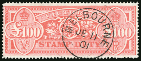 Stamp of Australia » Victoria 1884-1900 Stamp Duty £100 pink-red cancelled-to-order with Melbourne JE 11 01 cds