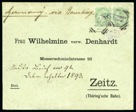 Stamp of Kenya, Uganda and Tanganyika » British East Africa 1893 (Nov) Envelope from the Gustav Denhardt correspondence from Lamu to his wife in Germany, routed via his agents in Bombay