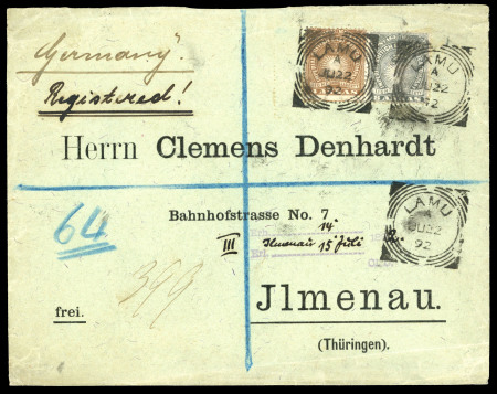 Stamp of Kenya, Uganda and Tanganyika » British East Africa 1892 (Jun 22) Envelope sent registered from the Gustav Denhardt correspondence from Lamu with 1890-95 4a and 8a