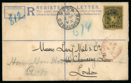 Stamp of Kenya, Uganda and Tanganyika » British East Africa 1895 (May 11) 2a registered envelope (size F, type 1cb) from Mombasa to England, with 1890-95 2 1/2a