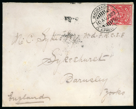 Stamp of Kenya, Uganda and Tanganyika » British East Africa 1901 (Aug 10) Envelope from Machakos to England with 1896-1901 1a tied
