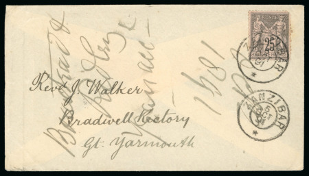 Stamp of Uganda 1891 Envelope sent by missionary Robert Walker whilst based in Mengo, Uganda, via the French PO in Zanzibar to England