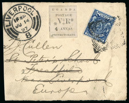 Stamp of Uganda 1897 Part cover front to England with 1896 4a uncancelled in combination with British East Africa 1896-1901 2 1/2a