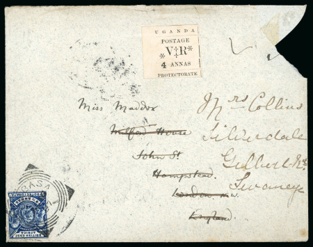 Stamp of Uganda 1897 (Jun 16) Envelope from Kampala to England with 1896 4a uncancelled in combination with British East Africa 1896-1901 2 1/2a