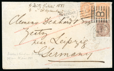 Stamp of Zanzibar » The Indian Post Office (1875-1895) 1881 (Apr 12) Envelope from Zanzibar to Germany (Denhardt correspondence) from the India Post Office with 2a pair and 1a 