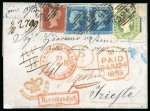 Stamp of Great Britain » 1847-54 Embossed 1853 (Jun 23) Entire sent registered from Liverpool to Trieste with Embossed 1s green, 1841 2d blue pair and 1841 1d red 