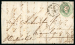 Stamp of Great Britain » 1847-54 Embossed 1855 (Jun 8) Entire from Preston to Manilla, Philippines, with Embossed 1s green tied by crisp "628" sideways duplex