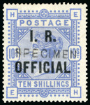 Stamp of Great Britain » Officials Inland Revenue: 1885 10s cobalt on blued paper overprinted "SPECIMEN" type 11, mint o.g.
