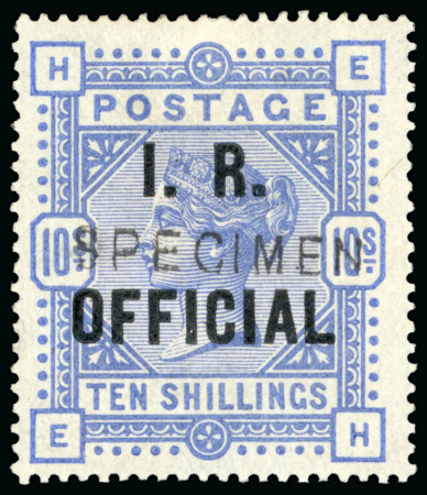 Stamp of Great Britain » Officials Inland Revenue: 1885 10s cobalt on blued paper overprinted "SPECIMEN" type 11, mint o.g.