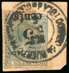 Stamp of United States » U.S. Possessions » Puerto Príncipe 1898 5c on 1/2m blue-green, second printing, position 4, tied to piece, surcharge inverted
