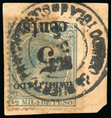 Stamp of United States » U.S. Possessions » Puerto Príncipe 1898 5c on 1/2m blue-green, second printing, position 4, tied to piece, surcharge inverted