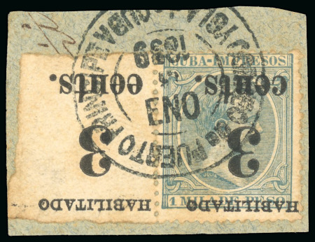 Stamp of United States » U.S. Possessions » Puerto Príncipe 1898 3c on 1m blue-green, unique inverted surcharge with surcharged margin showing "eents" variety