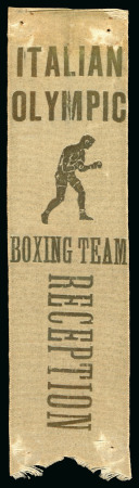 Stamp of Olympics » 1948 London 1940s ca. "Italian Olympic Boxing Team Reception" golden silk ribbon with gold inscription and image of boxer