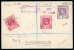 Stamp of Cayman Islands 1907 (Oct 7) "Kinze" envelope sent registered to Germany bearing 1905 1d, 1s violet and green and the 1/2d on 1d provisional