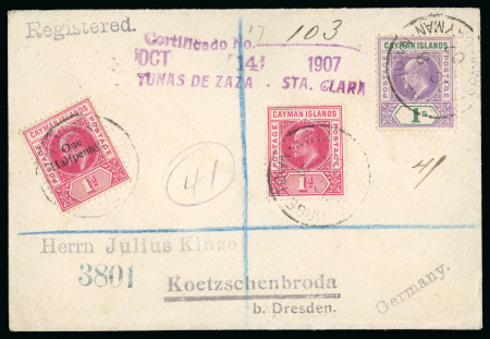 Stamp of Cayman Islands 1907 (Oct 7) "Kinze" envelope sent registered to Germany bearing 1905 1d, 1s violet and green and the 1/2d on 1d provisional
