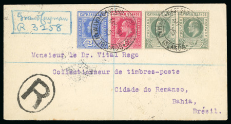 Stamp of Cayman Islands 1915 (31 May) Envelope sent registered to Brazil bearing KEVII 1/2d pair, KEVII 1d and KGV 2 
