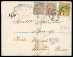 Stamp of Cayman Islands 1908 (Jun 30) Envelope bearing 4d and 1/4d pair tied by George Town JU 30 cds on the first day of issue