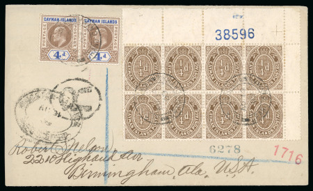 Stamp of Cayman Islands 1909 (Aug 14) Envelope sent registered to Birmingham, Alabama, bearing 4d pair and 1/4d corner block of eight