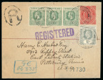 Stamp of Cayman Islands 1913 (Mar 1) 1d Postal Stationery envelope sent registered to Pittsburgh, uprated